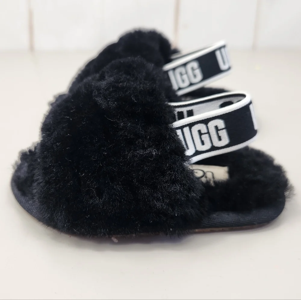 UGG Toddler Oh Yeah Fluffy Shearling Sheepskin Slingback Slipper Black 6
